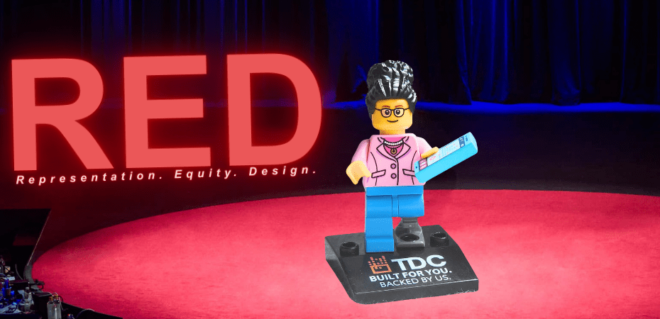 LEGO figure of a woman with a cell phone and prosthetic leg standing on a red stage under the word RED, which stands for Representation, Equity, Design.